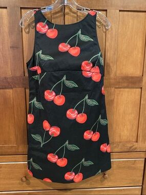 Women’s Black Cherry Print Sleeveless Dress with Pockets